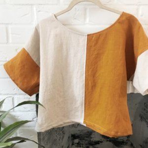 Frond Linen Easy Tee in Oatmeal/Mustard Color Swap Size S/M